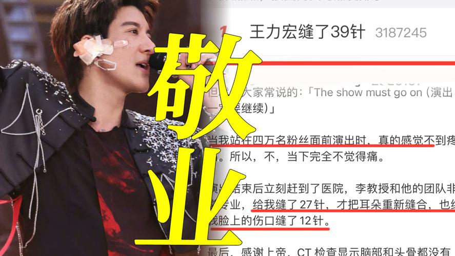 这才是真敬业啊,王力宏昨天演唱摔倒耳朵和脸缝了39针,受伤后简单处理